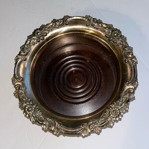 Antique Weighted Silver Plate & Wood Champagne Wine Coaster / purse bowl